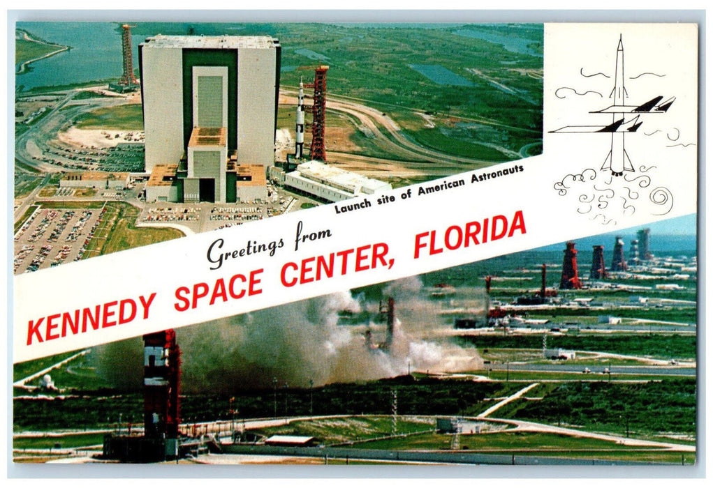 c1950s Multiview Rocket Airplane Greetings from Kennedy Space Center FL Postcard