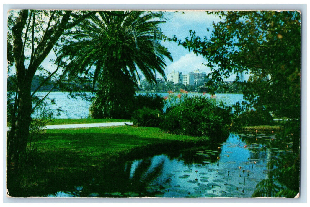 1957 As Seen from Beautiful Lake Eola Skyline of Orlando Florida FL Postcard