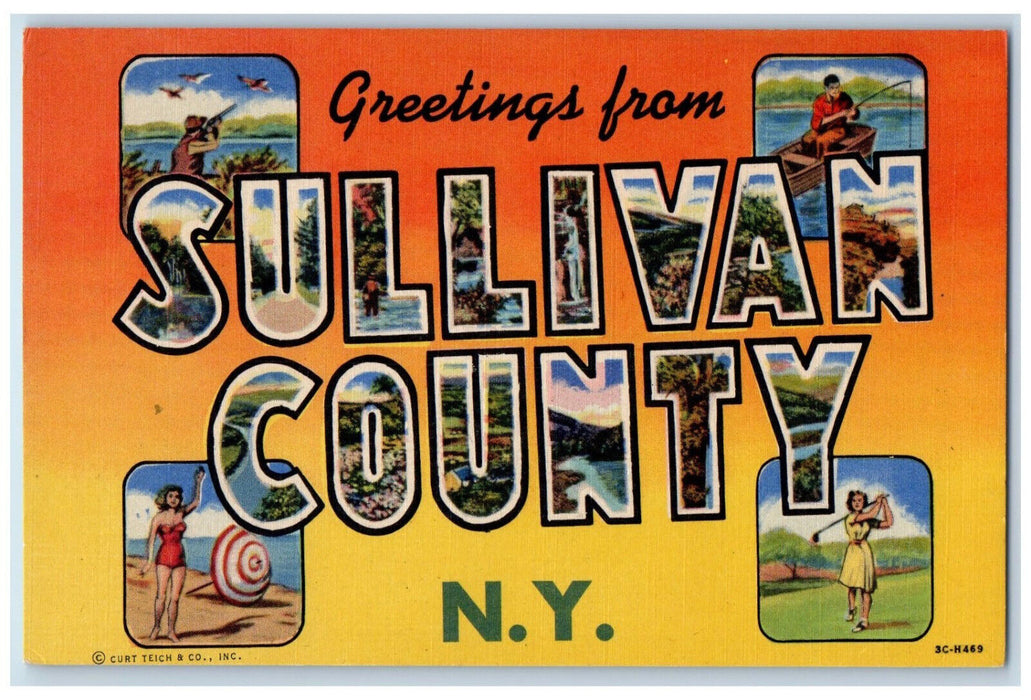 c1950's Beach Golf Greetings from Sullivan County NY Large Letters Postcard