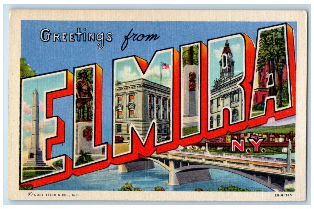 c1950's Greetings from Elmira NY Large Letters Multiview Elmira News Co Postcard