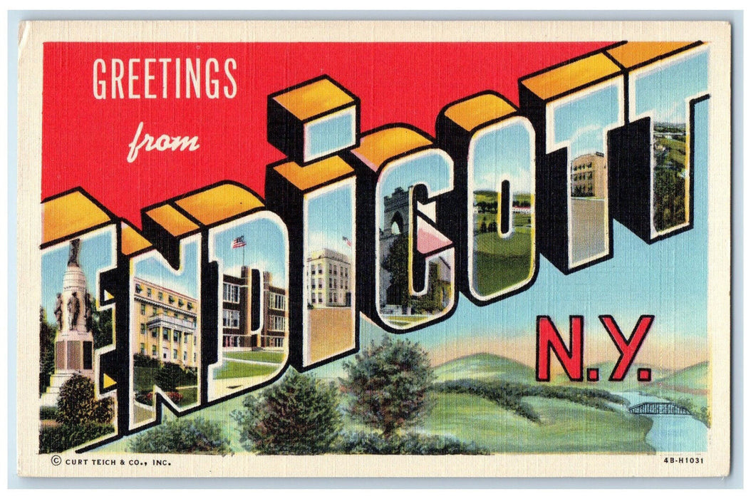 c1950's Greetings from Endicott New York NY Large Letters Multiview Postcard