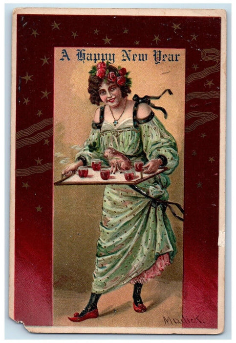 c1905 Happy New Year Pretty Woman Serving Tea Cup Embossed Antique Postcard