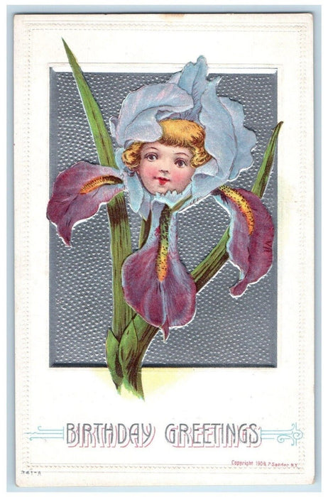 c1910's Birthday Greetings Flower Girl Head Embossed Sander Antique Postcard