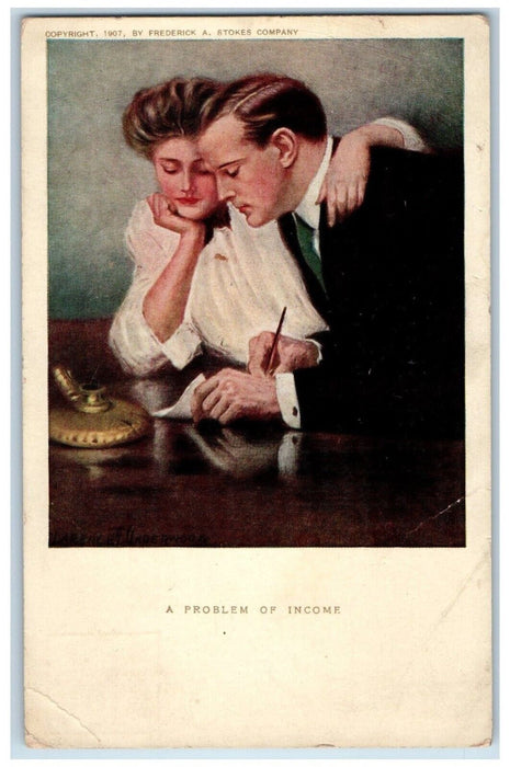 c1910's Sweet Couple Romance A Problem Of Income Calculation Antique Postcard