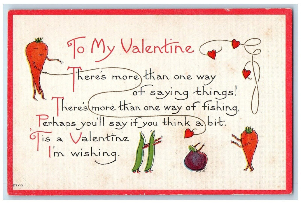 c1910's Valentine Message Hearts Carrots Onion Embossed Antique Postcard