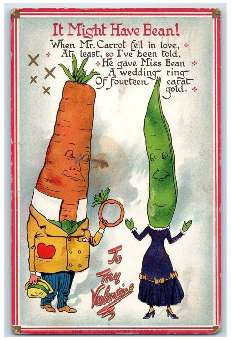 1911 Valentine Mr. Carrot And Ms. Bean Embossed Middlesboro MA Tuck's Postcard