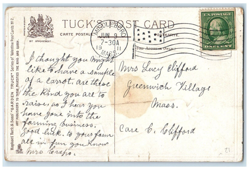 1911 Valentine Mr. Carrot And Ms. Bean Embossed Middlesboro MA Tuck's Postcard
