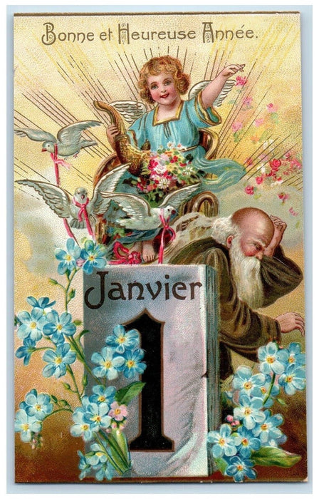 c1910's New Year Calendar Angel Father Time Cornucopia Flowers Tuck's Postcard