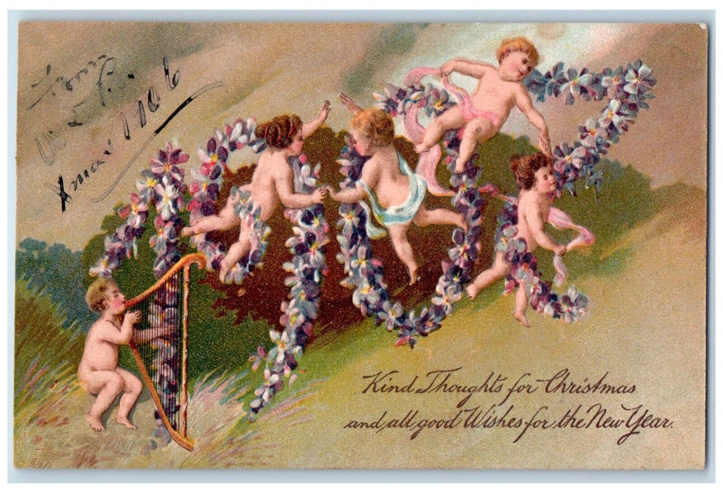 c1910's Christmas And New Year Angles Harp Flowers Embossed Antique Postcard