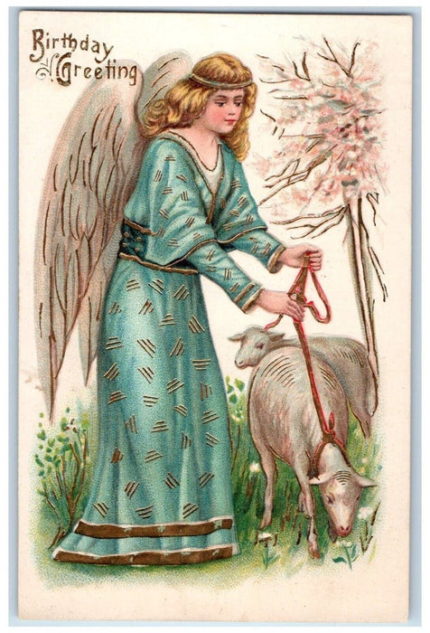 c1910's Birthday Greetings Angel Lamb Flowers Embossed Unposted Antique Postcard