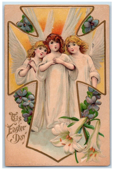 1908 Easter Day Angels Holy Cross Lilies Flowers Embossed Taftville CT Postcard