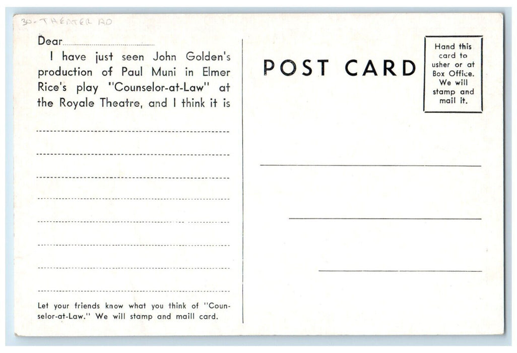 Paul Muni As The Counselor At Law Royal Theater Telephone Advertising Postcard