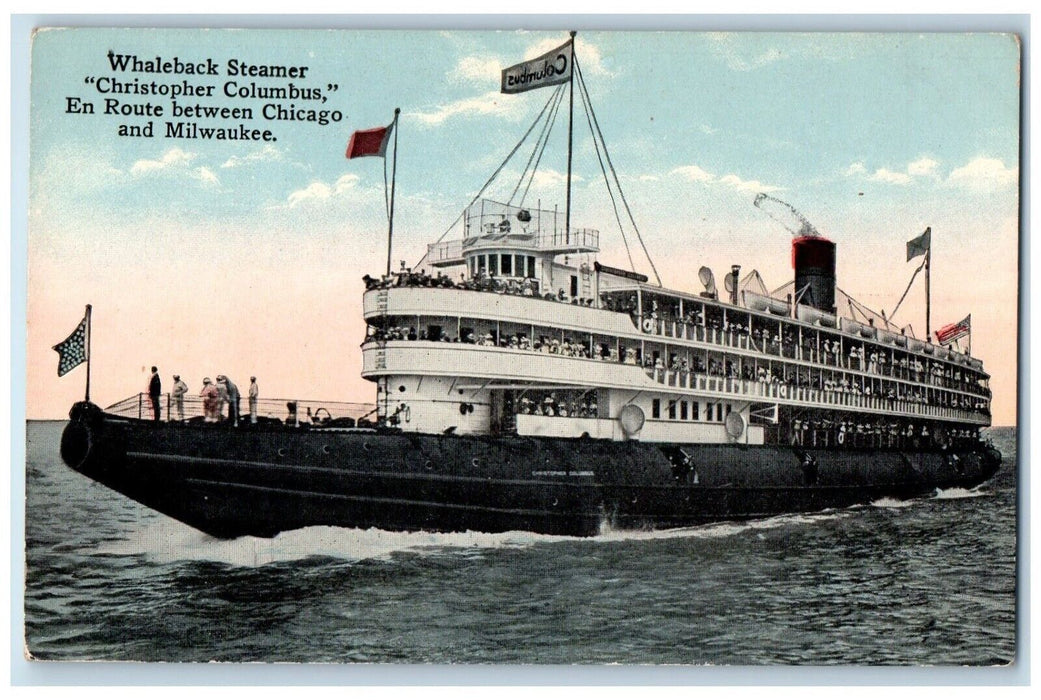 c1910 Whaleback Steamer Christopher Columbus Chicago Milwaukee Illinois Postcard