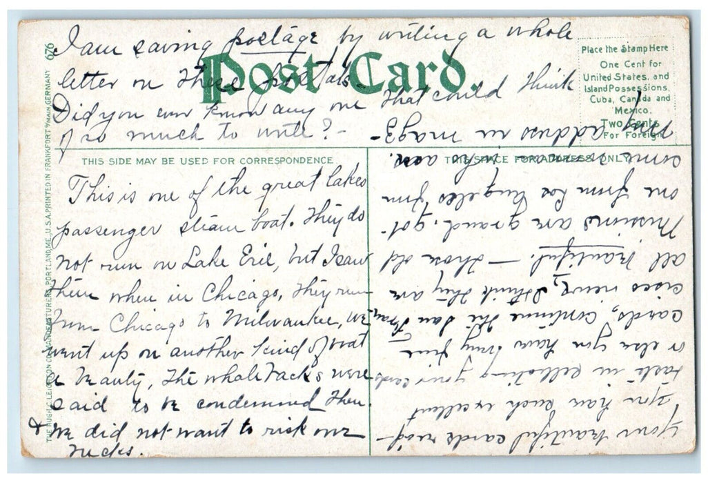 c1910 Whaleback Chicago River Steamer Cruise Ferry Passenger Illinois Postcard