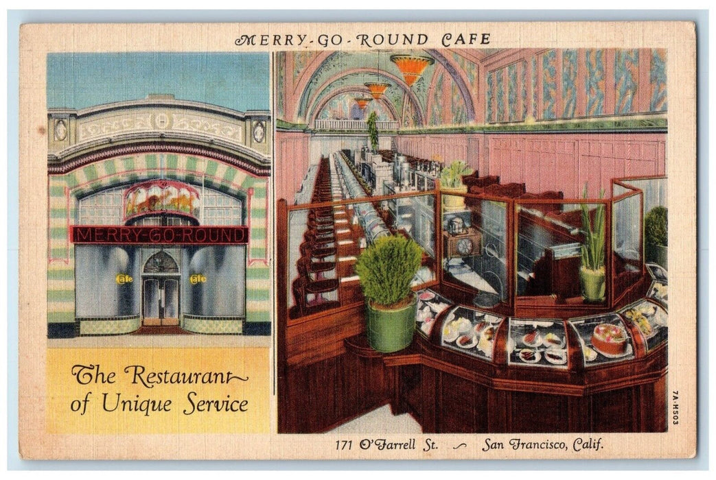 c1940 Merry-Go-Round Cafe Restaurant Unique Service San Francisco Calif Postcard