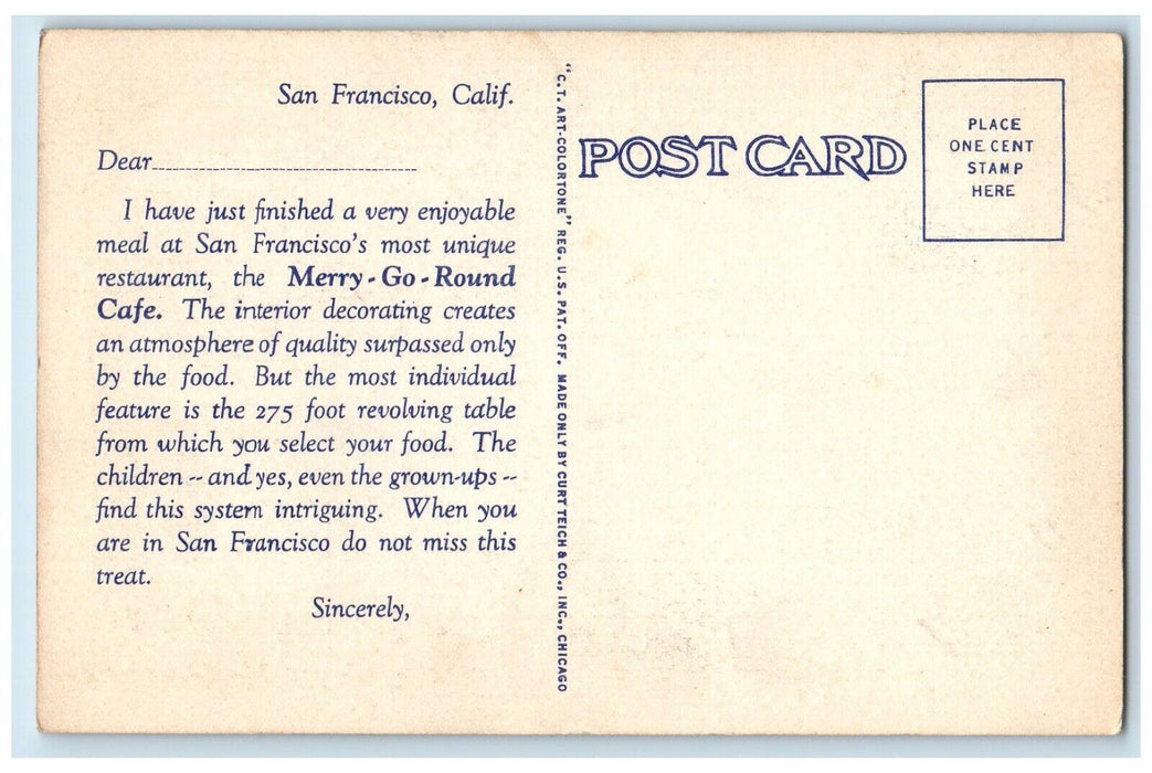 c1940 Merry-Go-Round Cafe Restaurant Unique Service San Francisco Calif Postcard