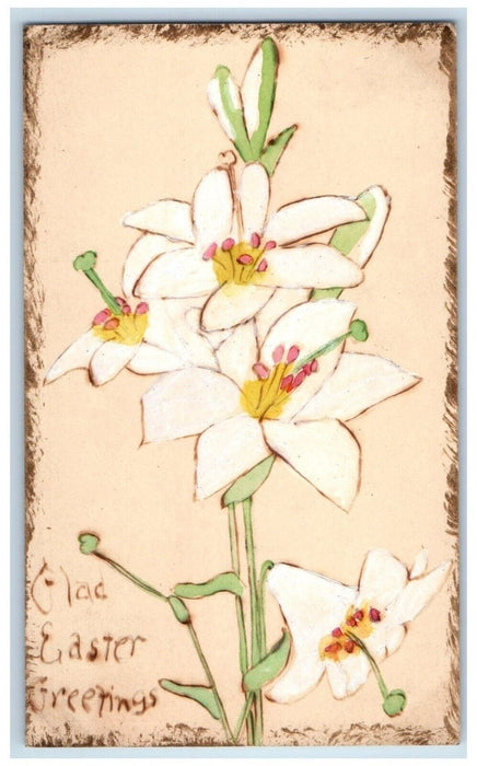 c1910's Easter Greetings Lilies Flowers Hand Drawn Painted Antique Postcard