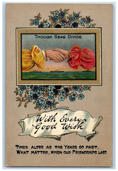 1911 Though Seas Divide Handshake Flowers Montreal Quebec Canada Posted Postcard