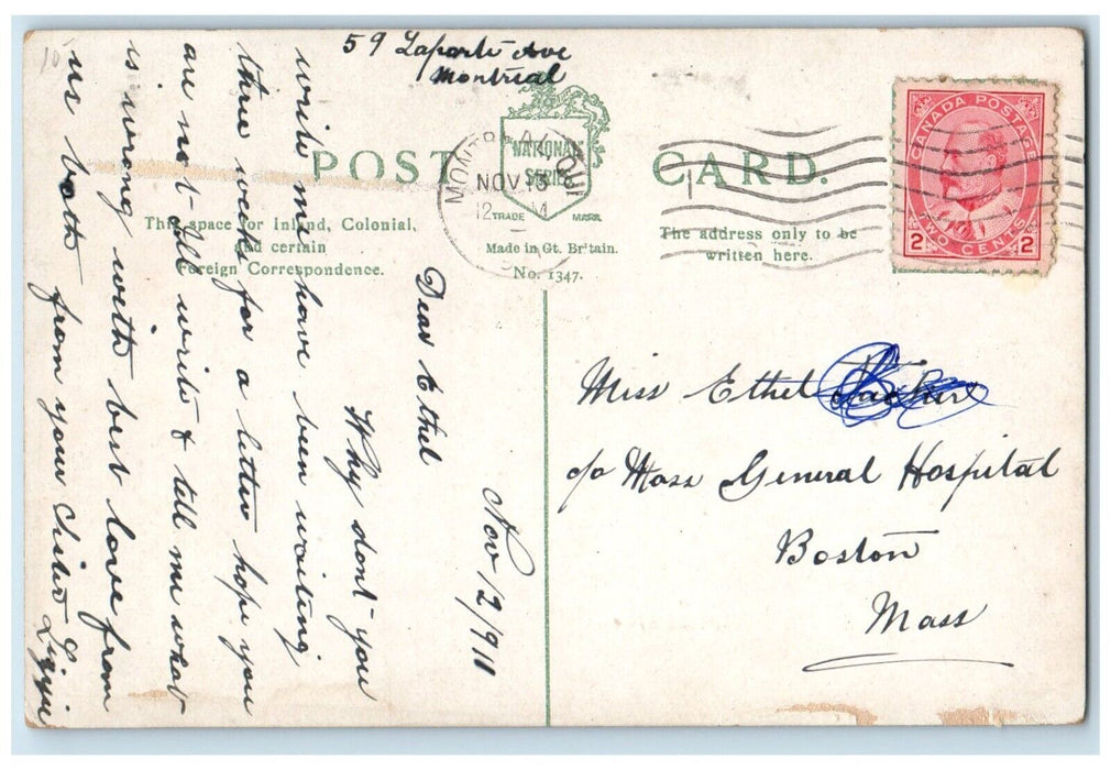 1911 Though Seas Divide Handshake Flowers Montreal Quebec Canada Posted Postcard