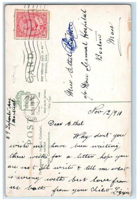 1911 Though Seas Divide Handshake Flowers Montreal Quebec Canada Posted Postcard