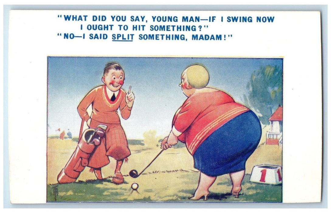 c1910's Fat Woman Big Butt Golfing Humor Bamforth Posted Antique Postcard