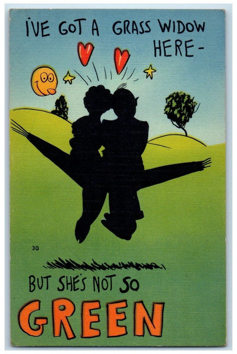 c1930's Valentine Sweet Couple Hearts But She's Not So Green Vintage Postcard