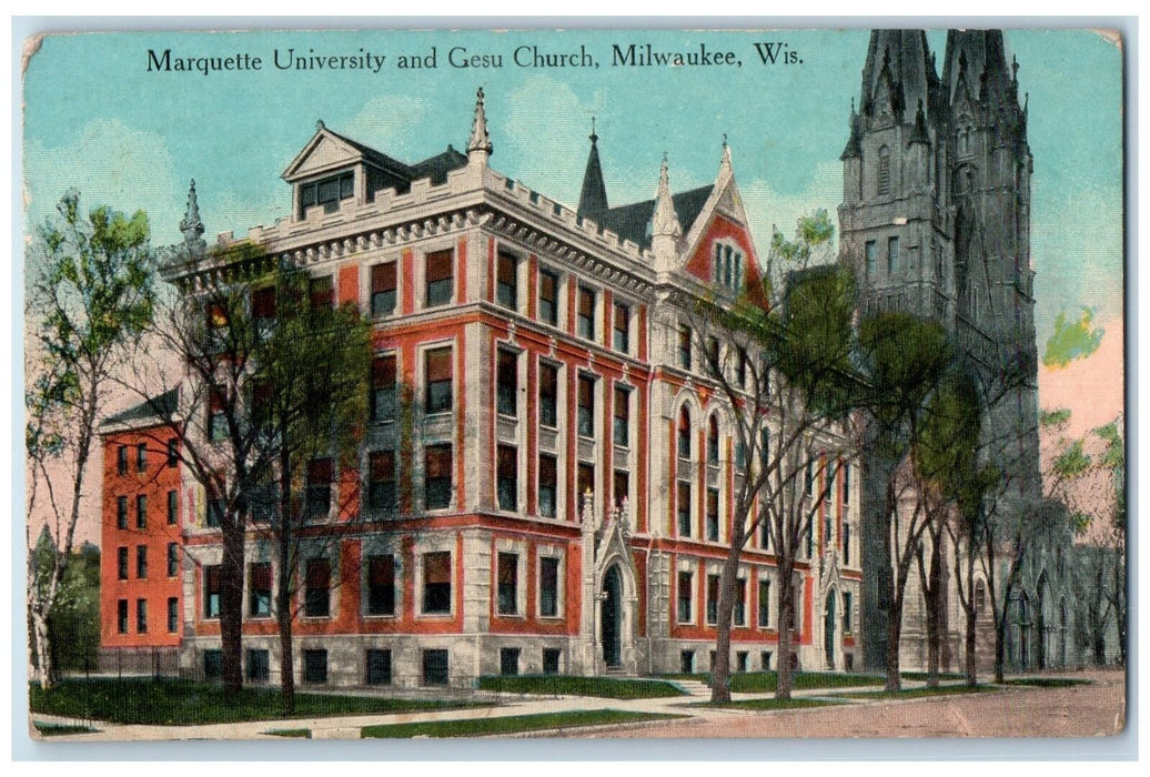 1913 View Of Marquette University & Gesu Church Milwaukee Wisconsin WI Postcard