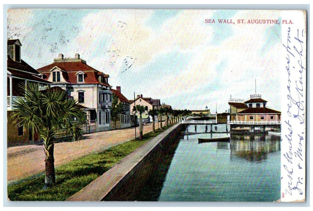 1908 View Of Sea Wall Hot Baths St. Augustine Florida FL Antique Postcard