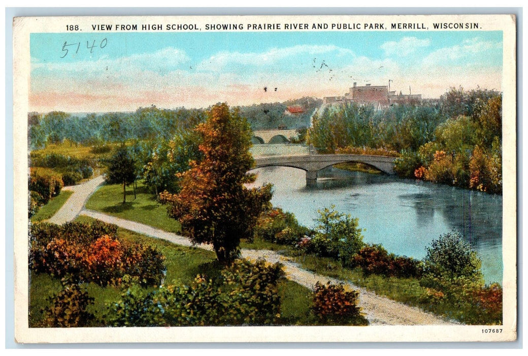1944 View From High School Prairie River Public And Park Merrill WI Postcard
