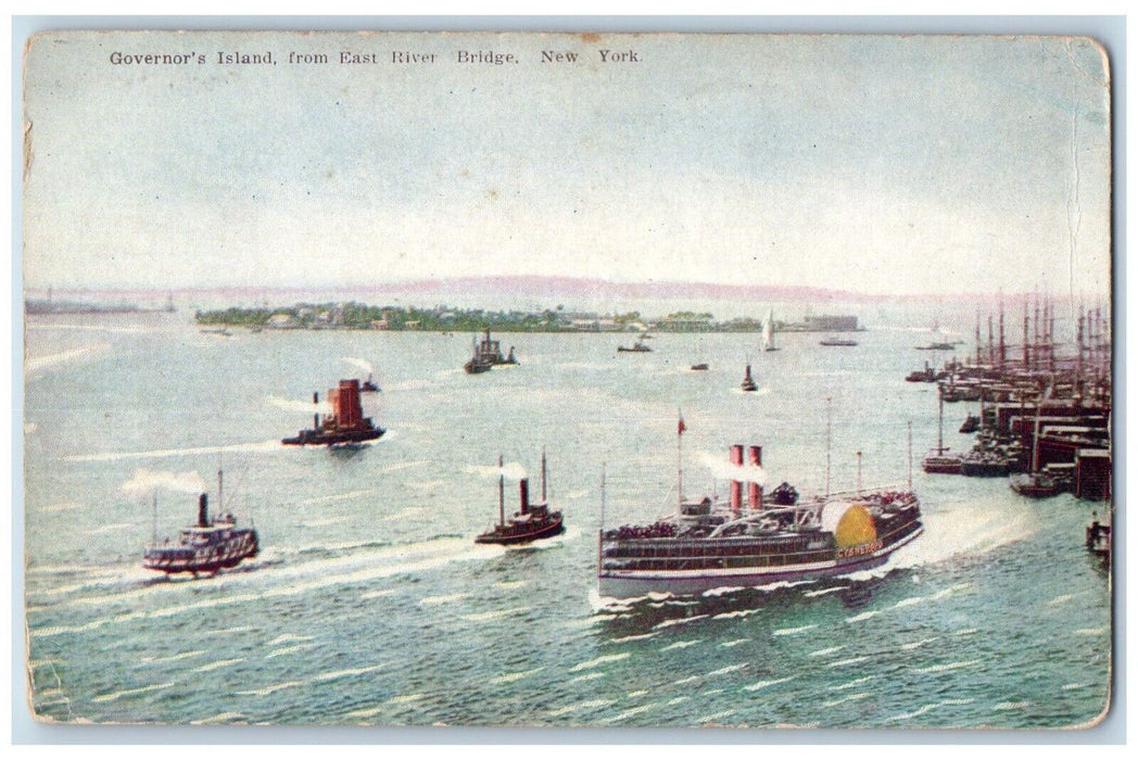 Governor's Island From East River Bridge Steamer Boats New York NY Postcard