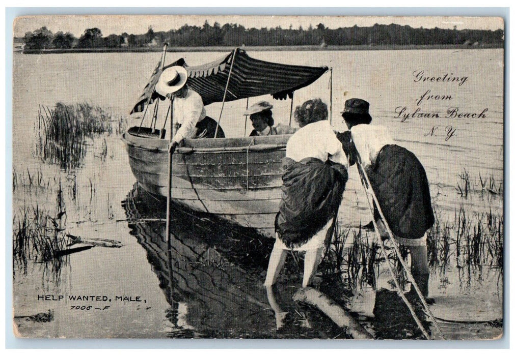 1908 Greetings From Sylvan Beach New York NY, Help Wanted Male Boat Postcard