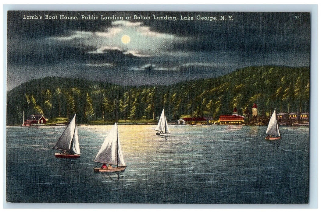 c1940s Lambs Boat House Public Landing At Bolton Landing New York NY Postcard