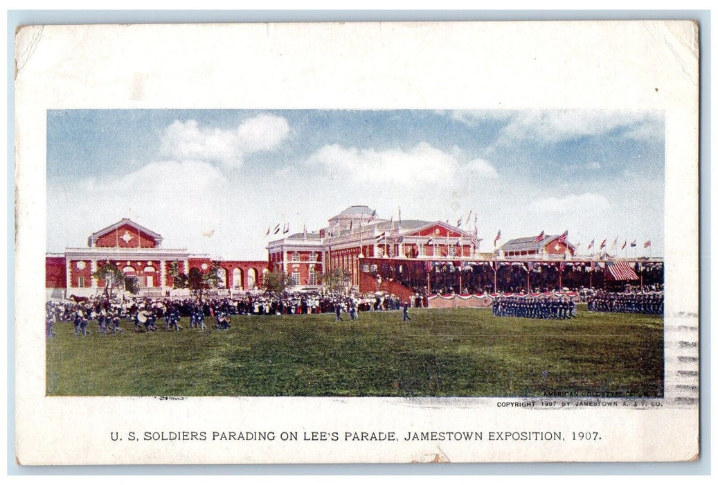 Norfolk VA, US Soldiers Parading On Lee's Parade Jamestown Exposition Postcard