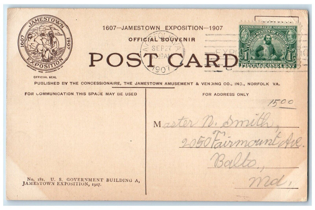 1907 US Government Building A. Jamestown Exposition Norfolk VA Postcard