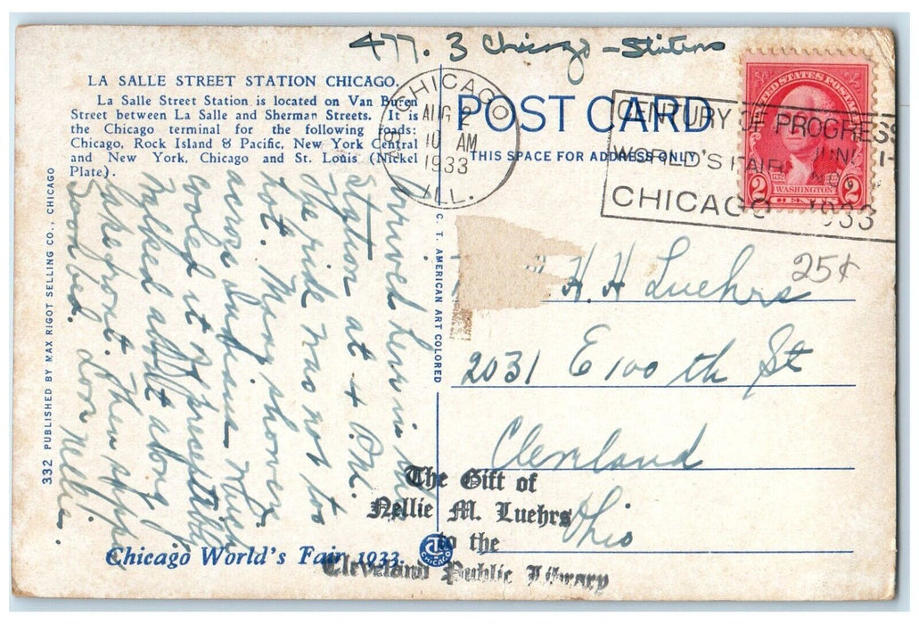 1933 La Salle Street Station Depot Trolley Cars Chicago Illinois IL Postcard