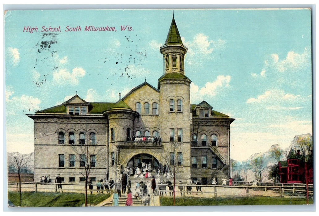 1910 High School Building Exterior Scene South Milwaukee Wisconsin WI Postcard