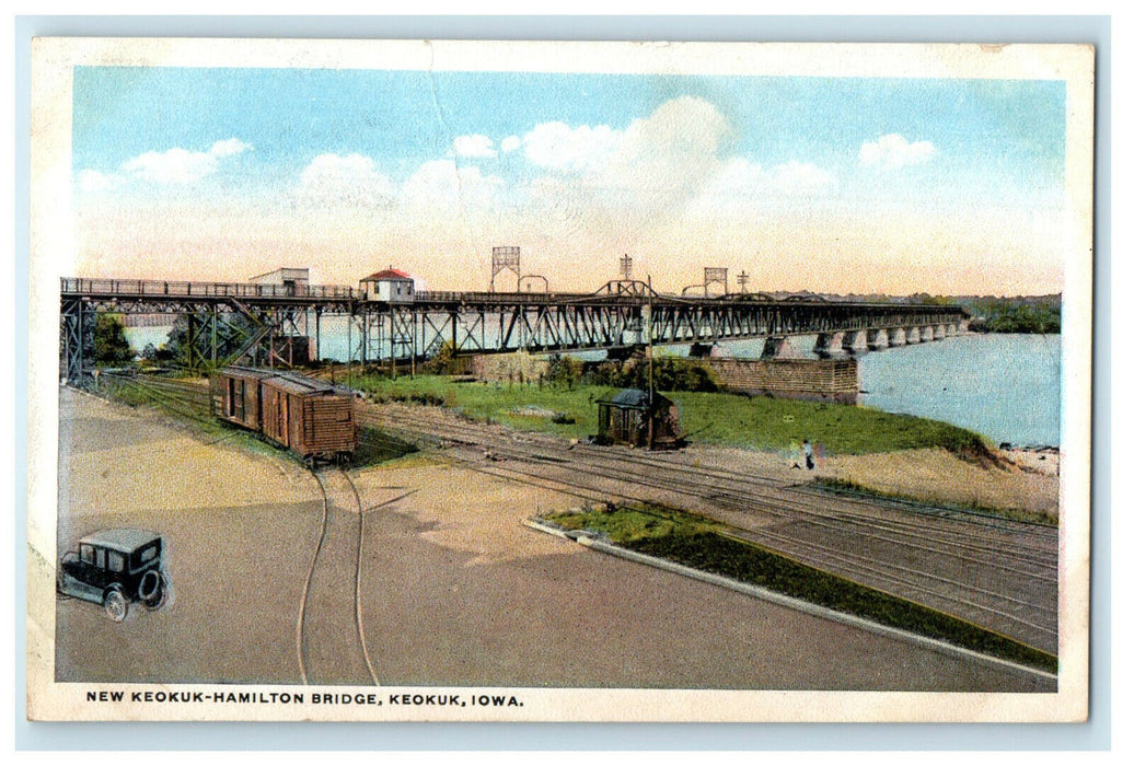c1920s Vintage Car, New Keokuk Hamilton Bridge Keokuk Iowa IA Unposted Postcard