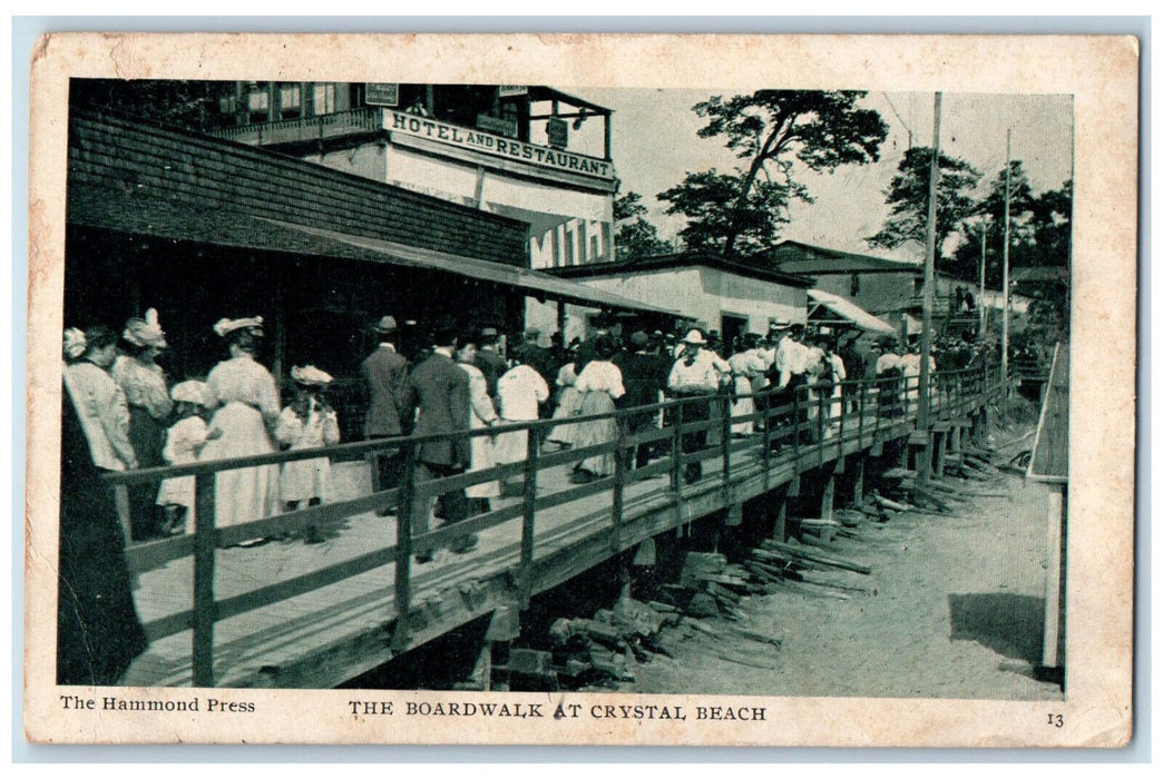 1907 Hotel & Restaurant Boardwalk, Crowd Crystal Beach Hammond Press Postcard