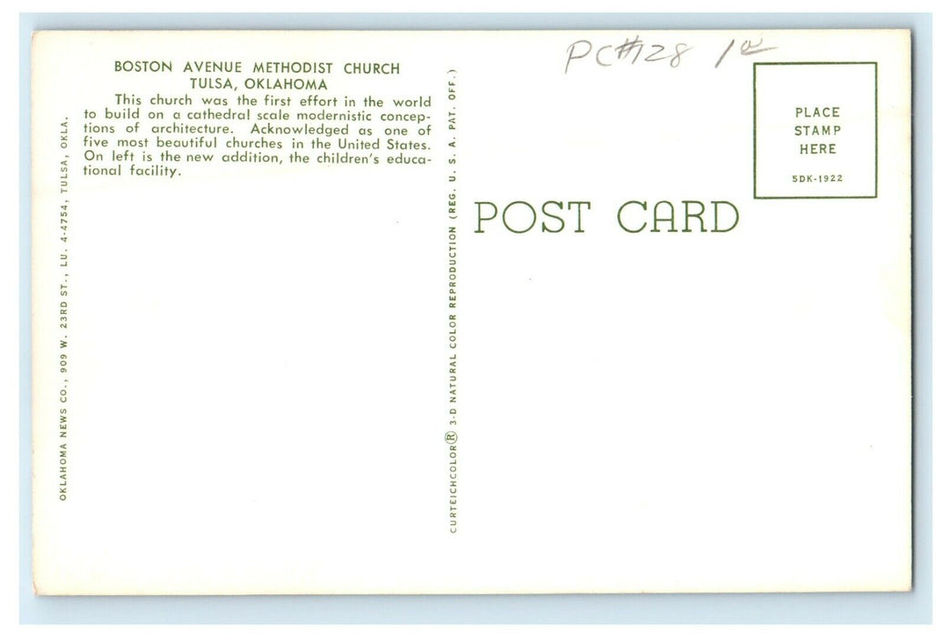 c1960's Boston Avenue Methodist Church Tulsa Oklahoma OK Vintage Postcard