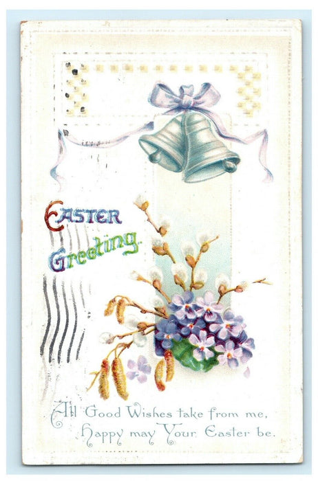 c1913 Bell Ribbon Flower Easter Embossed posted Antique Postcard