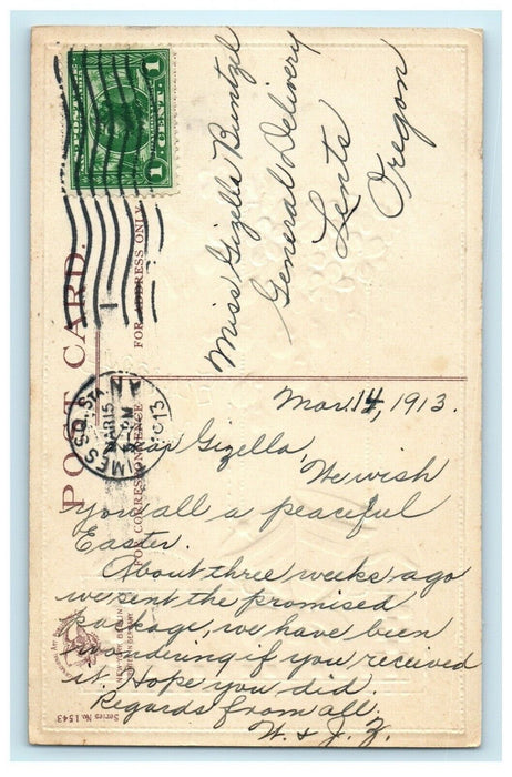 c1913 Bell Ribbon Flower Easter Embossed posted Antique Postcard