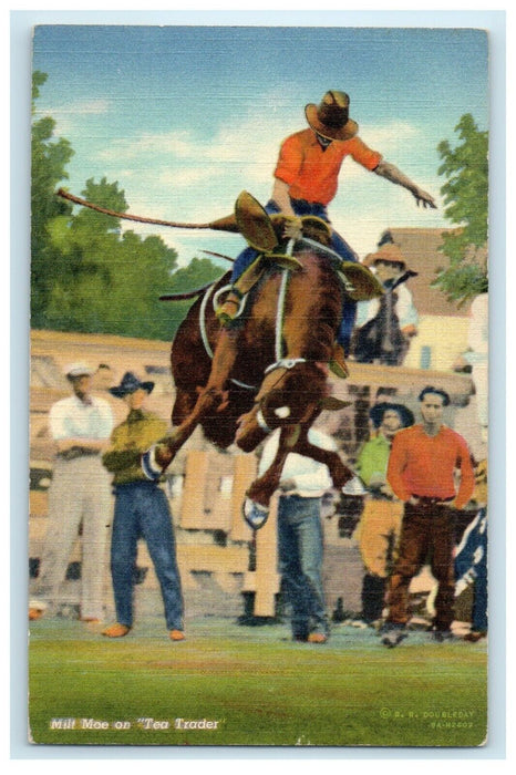 c1940's Milt Moe On Tea Trader Cowboy Bucking Rodeo R.R Doubleday Postcard