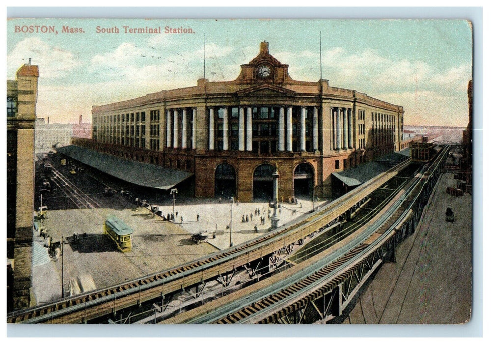1911 Boston MA, South Terminal Station Railroad Train Trolley Antique Postcard