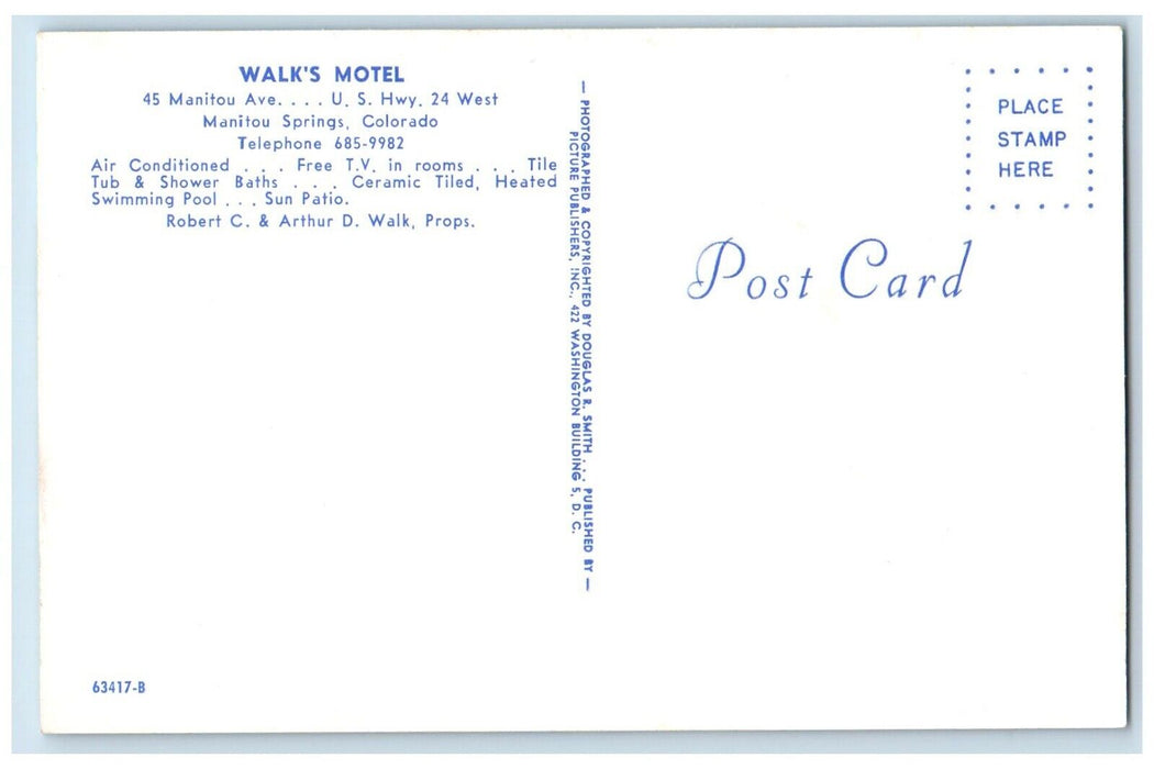 c1960 Walks Motel 45 Manitou US Highway West Manitou Springs Colorado Postcard