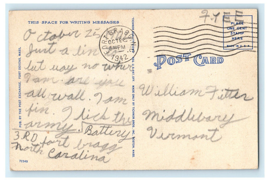 1942 Interior of Service Club, Fort Devens Massachusetts MA Posted Postcard