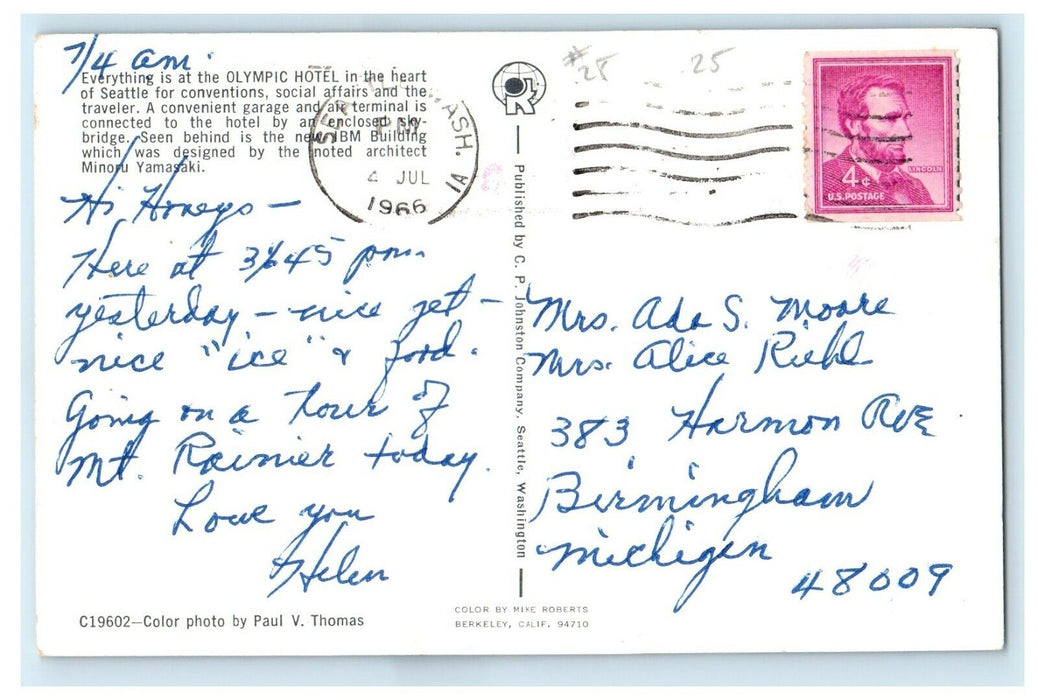 1966 A View Of Olympic Hotel Seattle Washington WA Posted Vintage Postcard