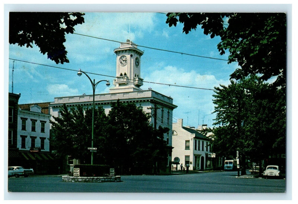 c1950's Greencastle PA, Public Square Showing National Bank Clock Tower Postcard