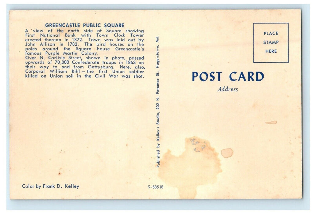 c1950's Greencastle PA, Public Square Showing National Bank Clock Tower Postcard