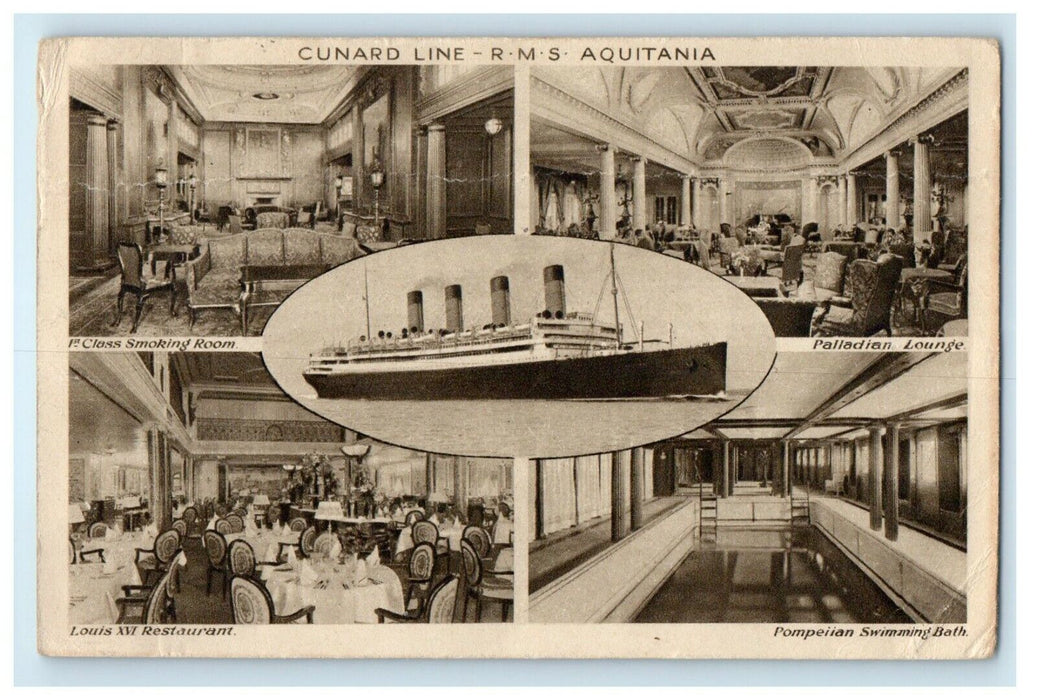 c1910's Cunard Line R.M.S Aquitania Steamer Ship Multiview Antique Postcard