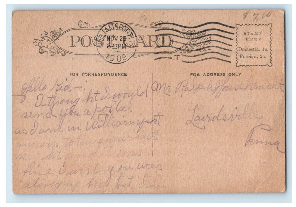 1909 The Updegraff Hotel Williamsport Pennsylvania PA Posted Antique Postcard
